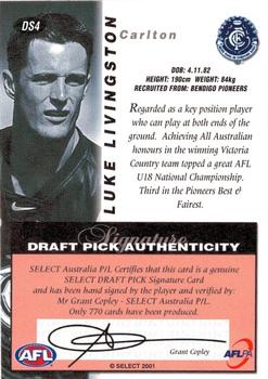 2001 Select AFL Authentic - Draft Pick Signatures #DS4 Luke Livingston Back
